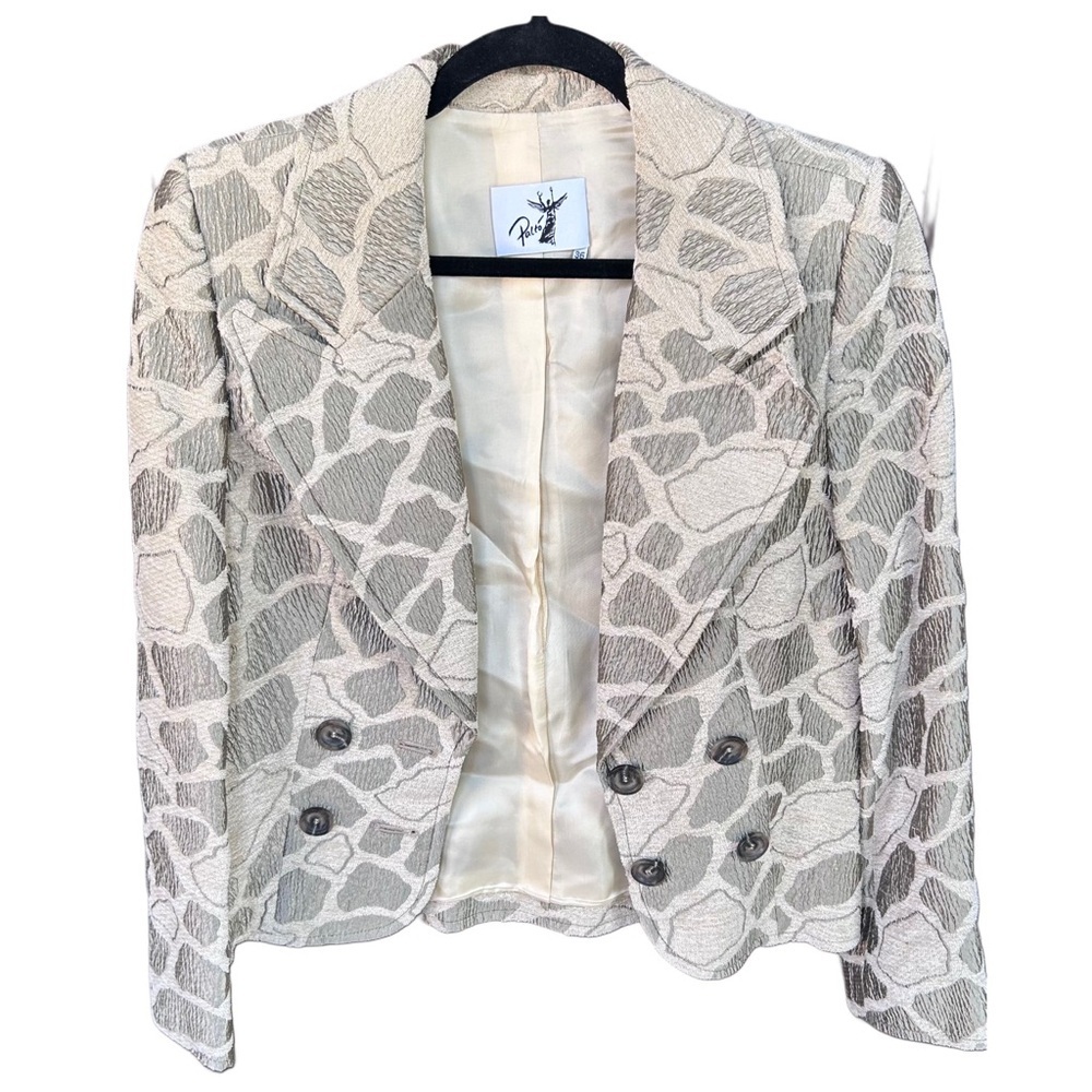 Paltó Ivory and Light Gray Double-Breasted Textured Blazer